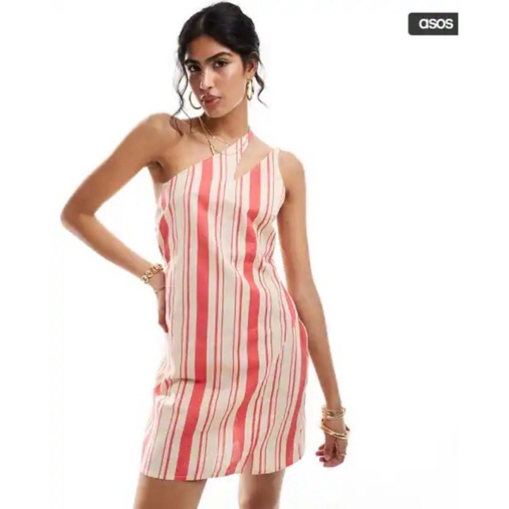 ASOS Design Womens Striped One Shoulder Mini Dress Linen Blend Pink Beige US12